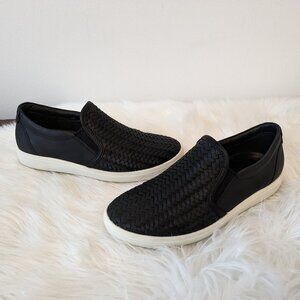 Ecco Black leather slip on sneaker. Lattice weave leather.